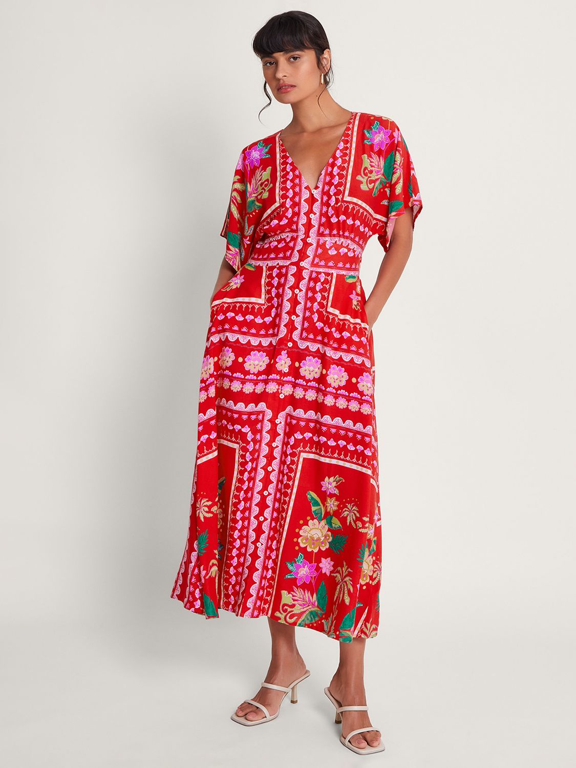 Monsoon Sandie Stamp Print Maxi Dress Red Multi at John Lewis