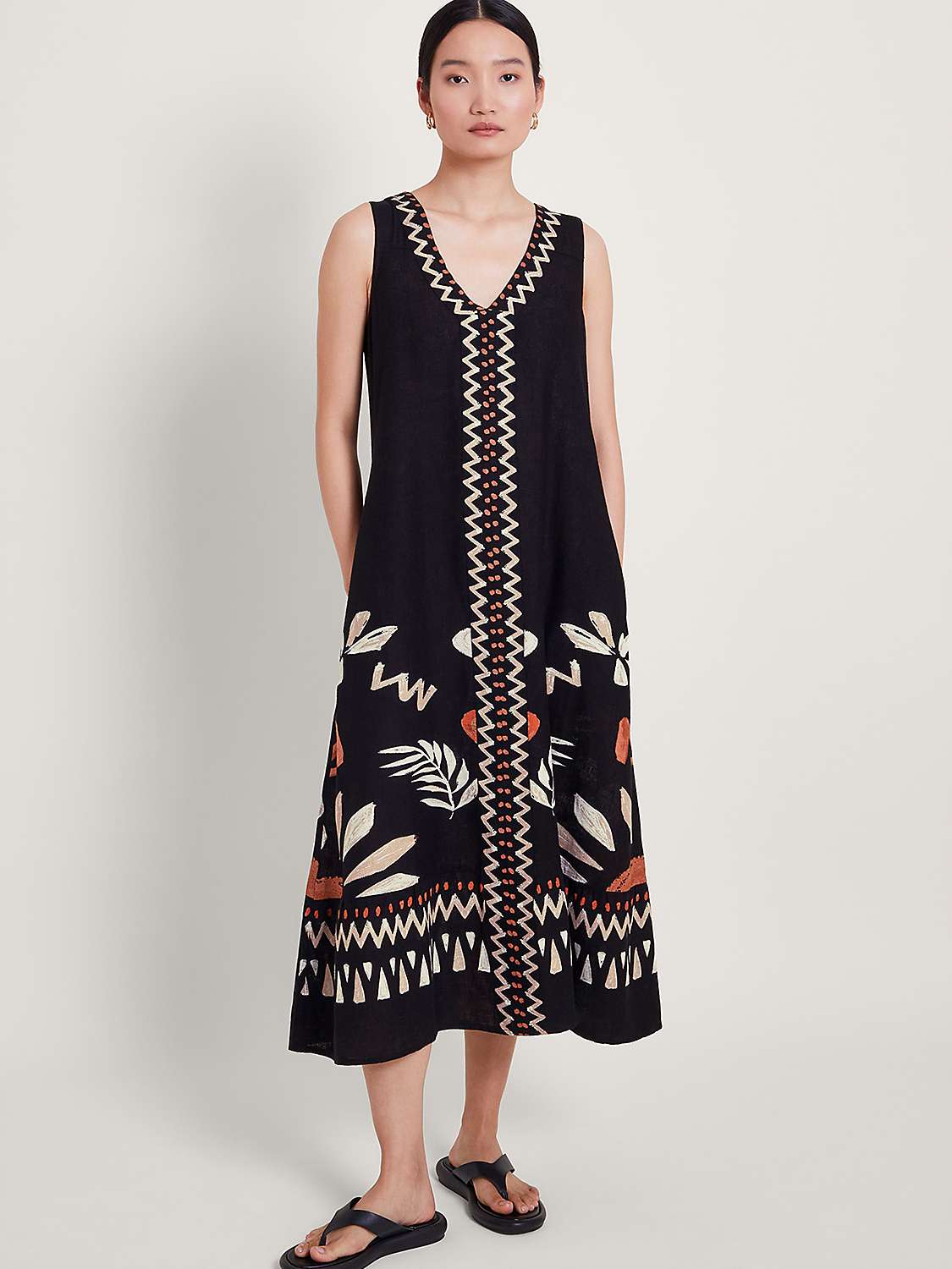 Buy Monsoon Carlotta Embroidered Linen Blend Midi Dress, Black/Multi Online at johnlewis.com