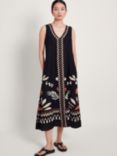 Monsoon Carlotta Embroidered Linen Blend Midi Dress, Black/Multi