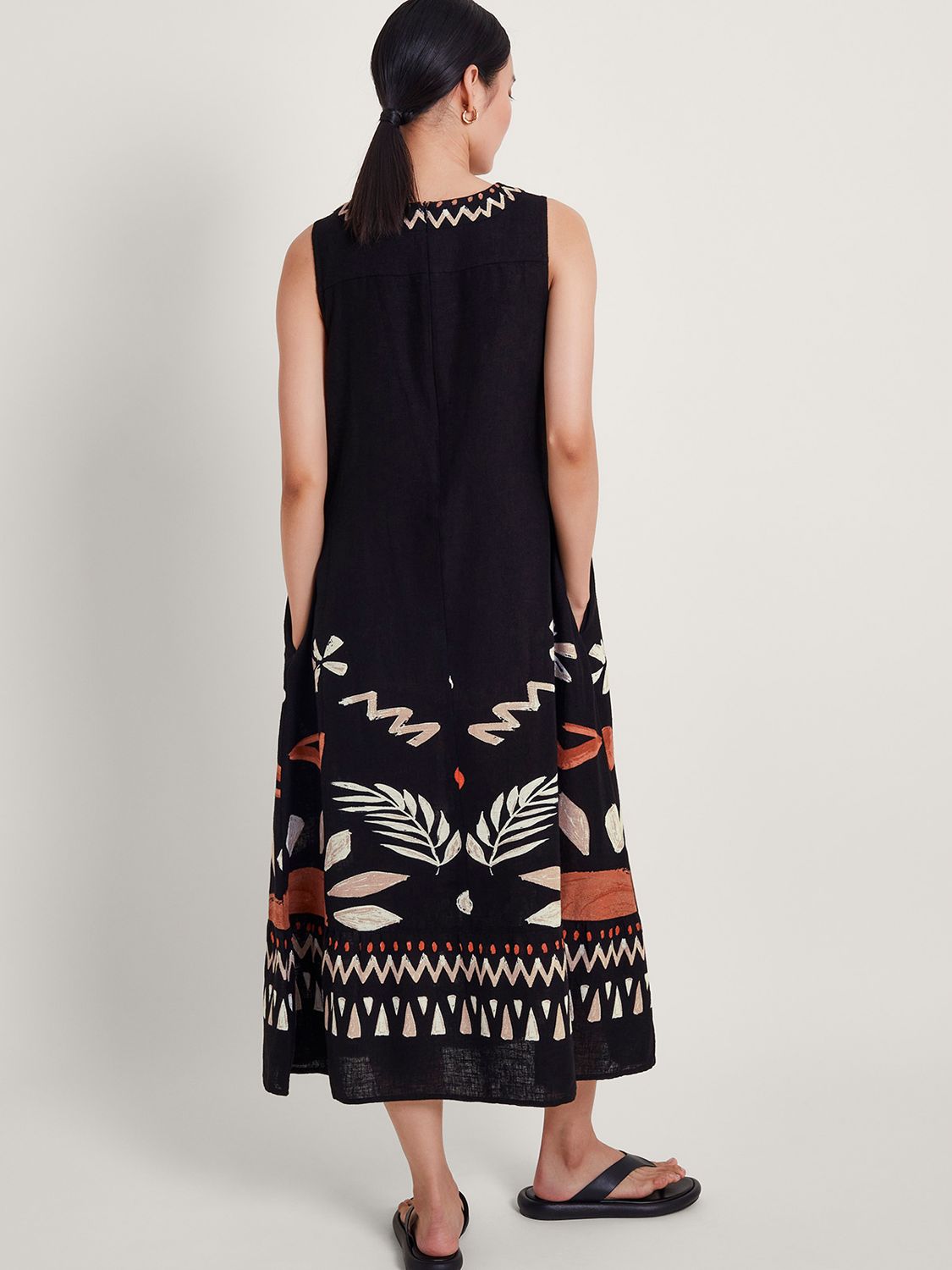 Monsoon Carlotta Embroidered Linen Blend Midi Dress, Black/Multi, XL
