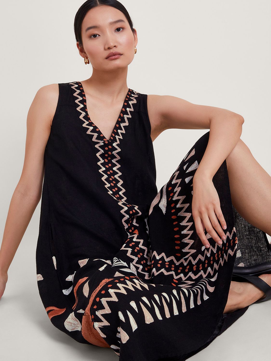 Buy Monsoon Carlotta Embroidered Linen Blend Midi Dress, Black/Multi Online at johnlewis.com
