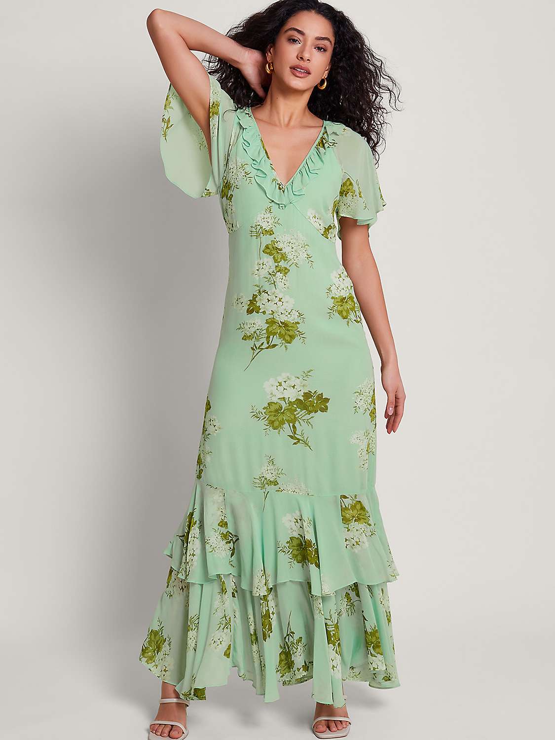Buy Monsoon Rowena Floral Print Ruffle Detail Maxi Dress, Green Online at johnlewis.com