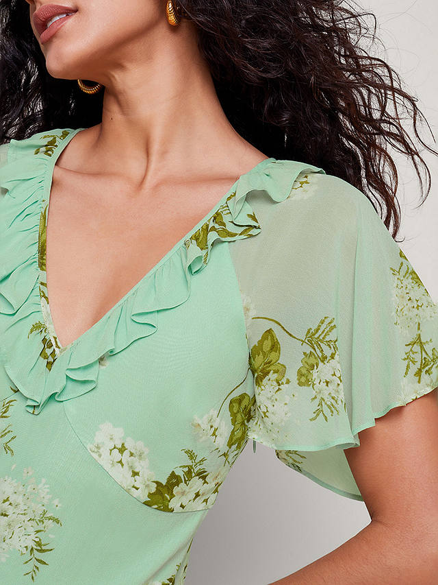 Monsoon Rowena Floral Print Ruffle Detail Maxi Dress, Green