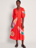 Monsoon Ceres Embroidered Midi Dress, Red, Red/Multi