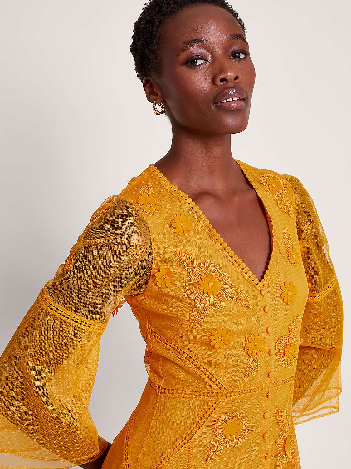 Buy Monsoon Alba Embroidered Midi Tea Dress, Yellow Online at johnlewis.com