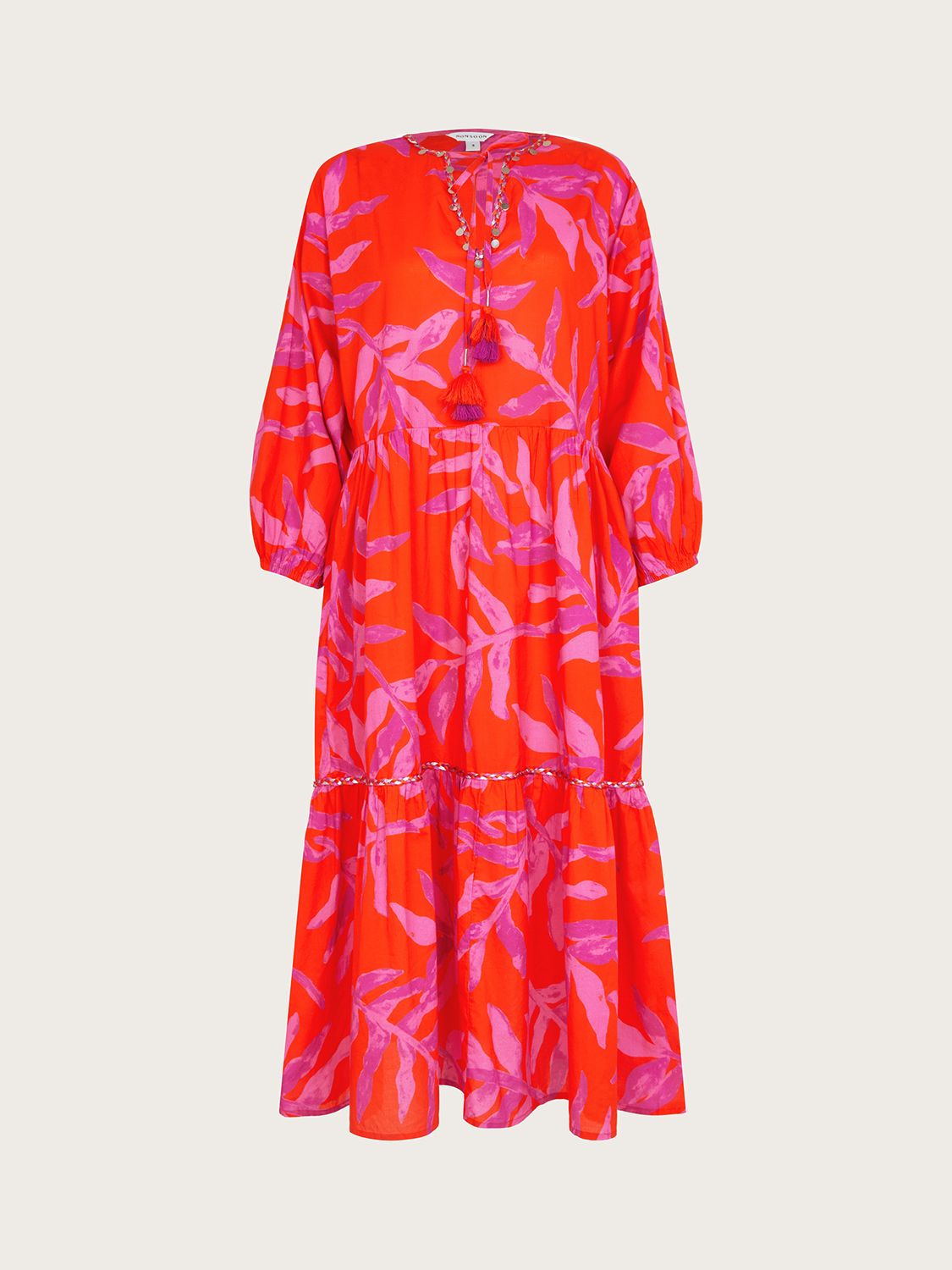 Monsoon Arissa Palm Print Kaftan Dress, Red/Multi, S