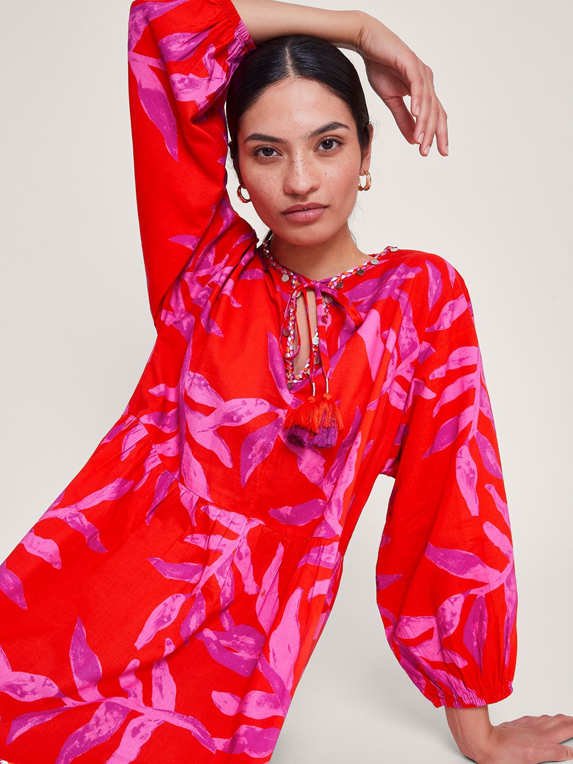 Monsoon Arissa Palm Print Kaftan Dress, Red/Multi at John Lewis & Partners