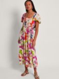 Monsoon Arissa Floral Print Square Neck Midi Dress, Ivory/Multi