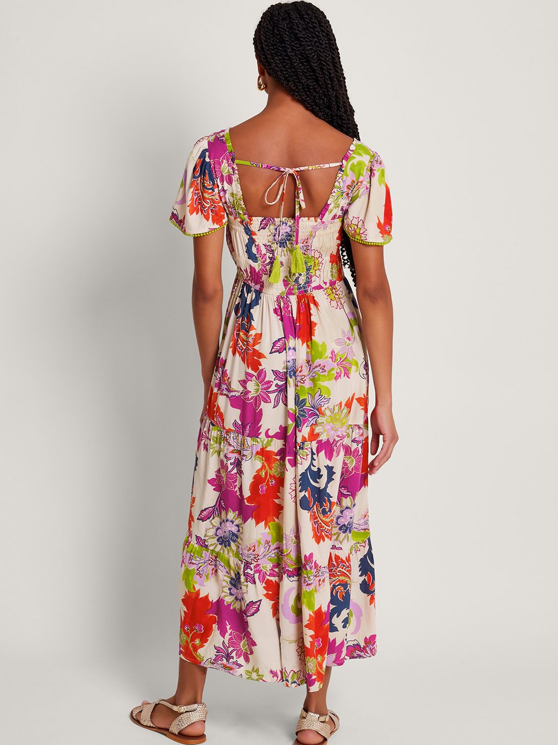 Monsoon Arissa Floral Print Square Neck Midi Dress, Ivory/Multi, S