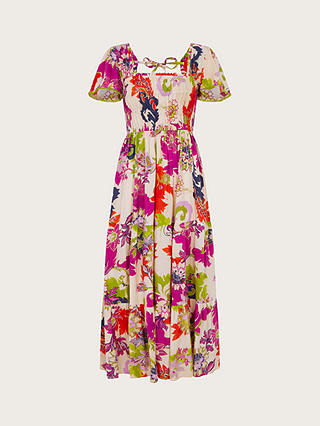Monsoon Arissa Floral Print Square Neck Midi Dress, Ivory/Multi