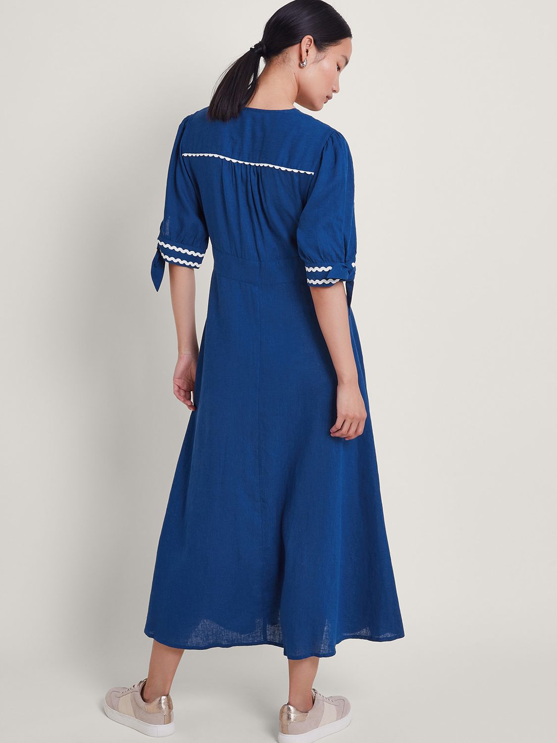 Monsoon Lita Ric Rac Trim Linen Blend Midi Dress, Cobalt, L