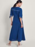 Monsoon Lita Ric Rac Trim Linen Blend Midi Dress, Cobalt