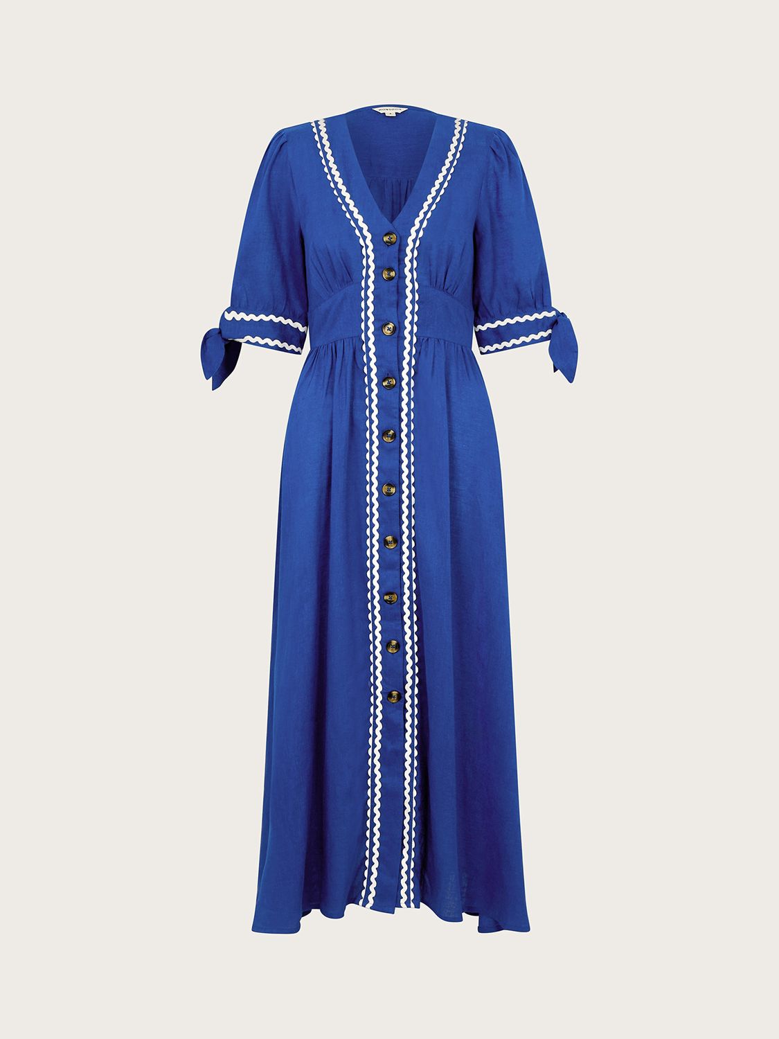Monsoon Lita Ric Rac Trim Linen Blend Midi Dress, Cobalt, L