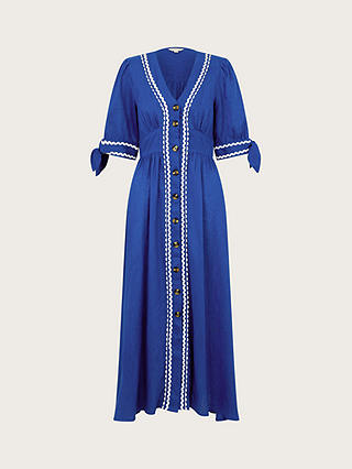 Monsoon Lita Ric Rac Trim Linen Blend Midi Dress, Cobalt