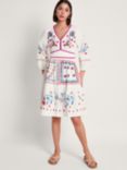 Monsoon Zinnia Embroidered Dress, Ivory/Multi