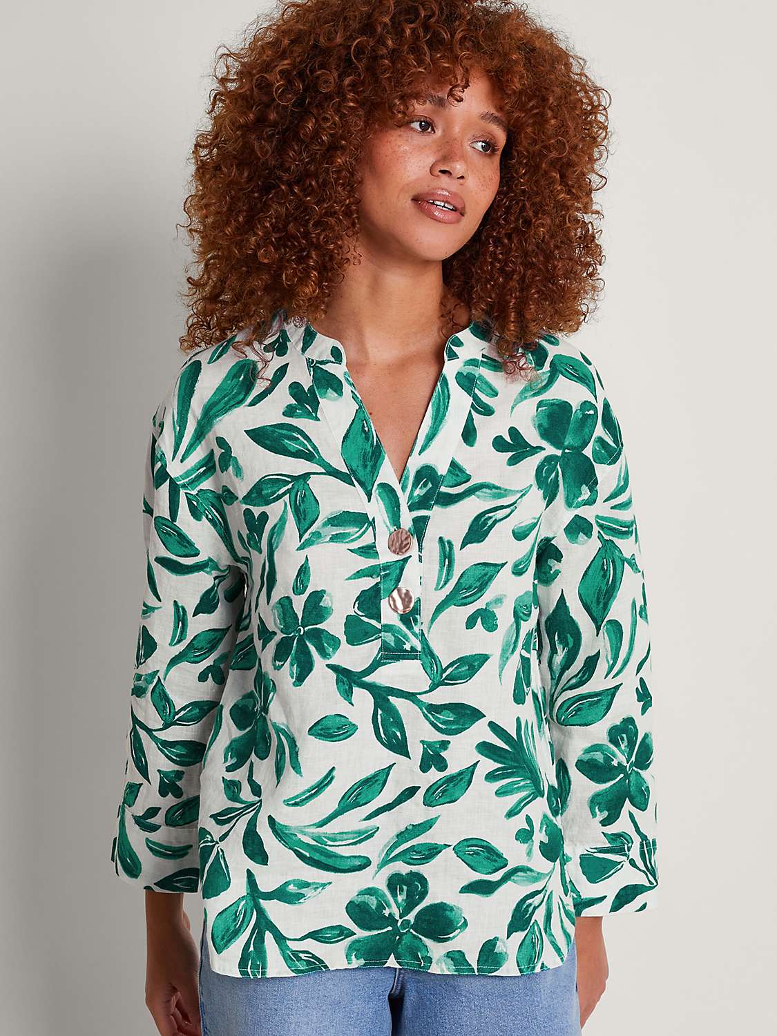 Buy Monsoon Naomi Linen Leaf Print Top, Green Online at johnlewis.com