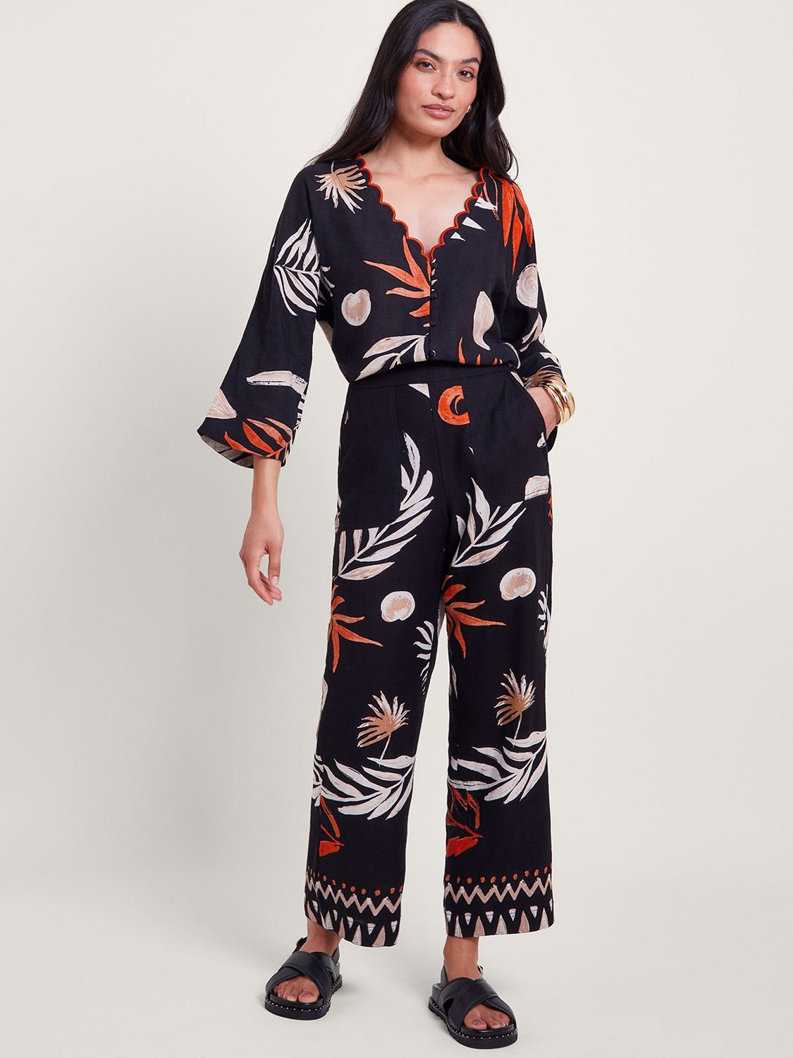 Monsoon Carlotta Print Trousers, Black at John Lewis & Partners