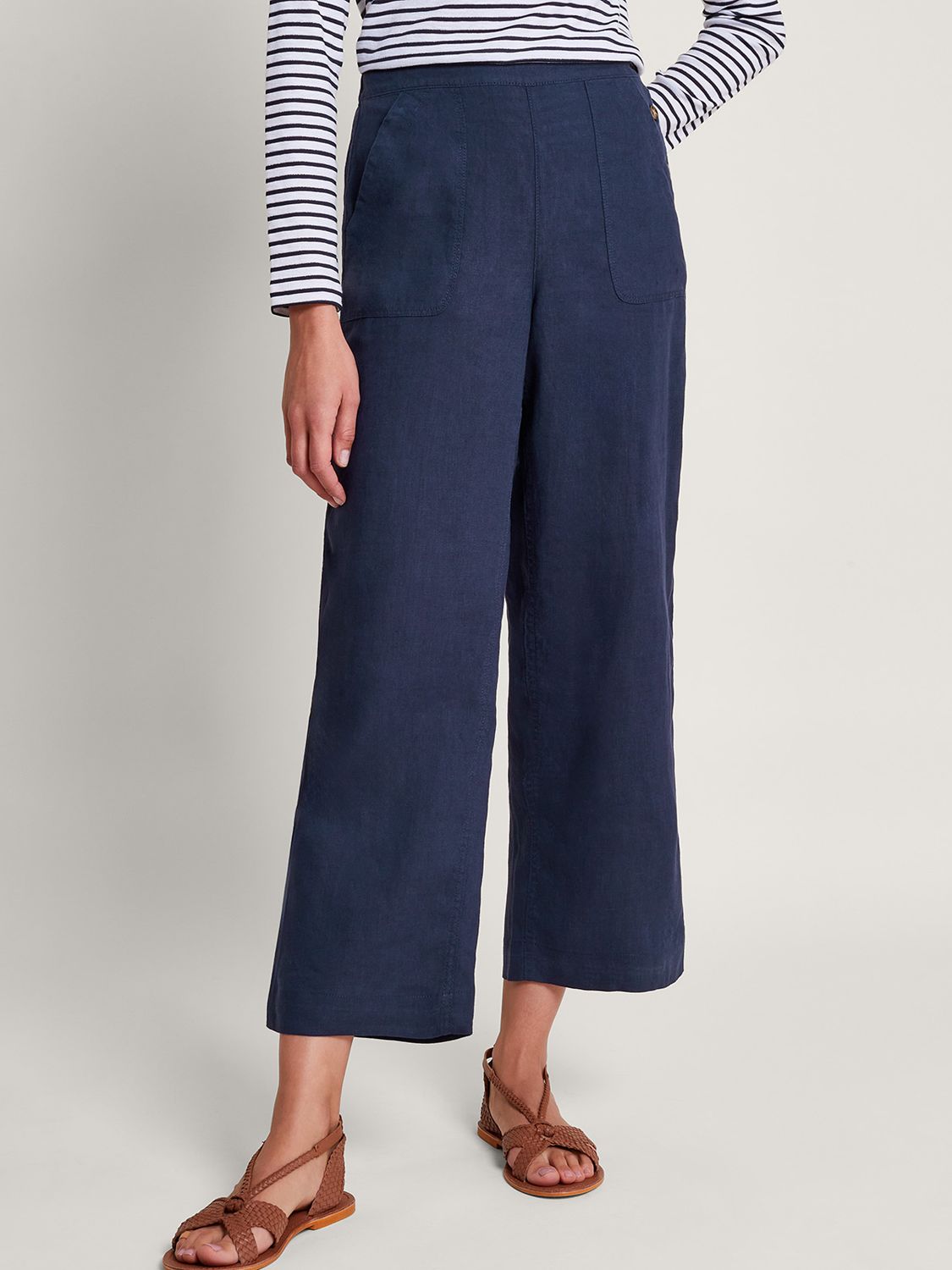 Monsoon Parker Linen Cropped Trousers, Navy, S
