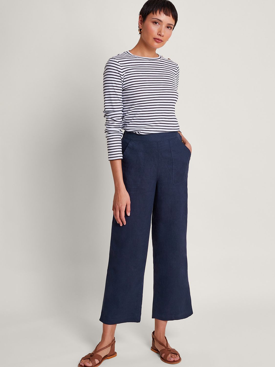 Monsoon Parker Linen Short Cropped Trousers, Navy, L