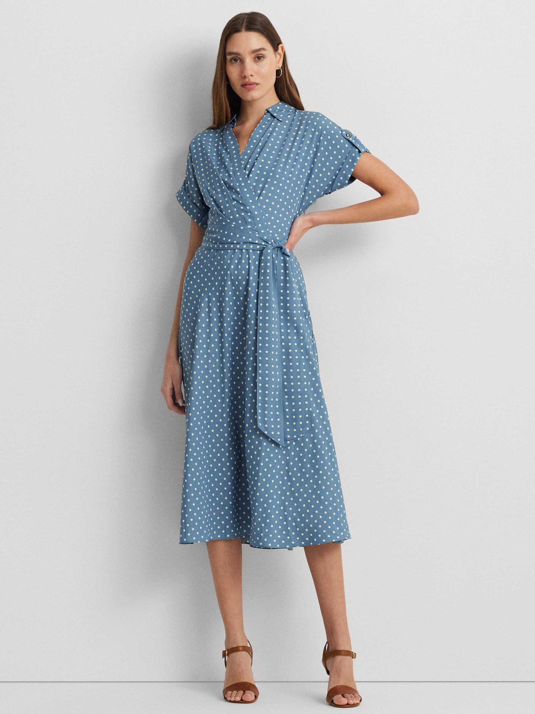 Lauren Ralph Lauren Fratillo Polka Dot Wrap Dress, Blue/Multi, 8