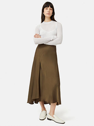 Jigsaw Satin Bias Cut Asymmetric Midi Skirt, Dark Khaki