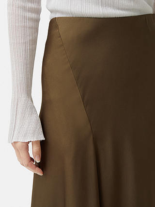 Jigsaw Satin Bias Cut Asymmetric Midi Skirt, Dark Khaki