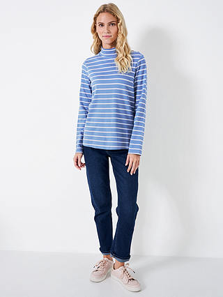 Crew Clothing Relaxed Stripey Button Neck Top, Navy Blue