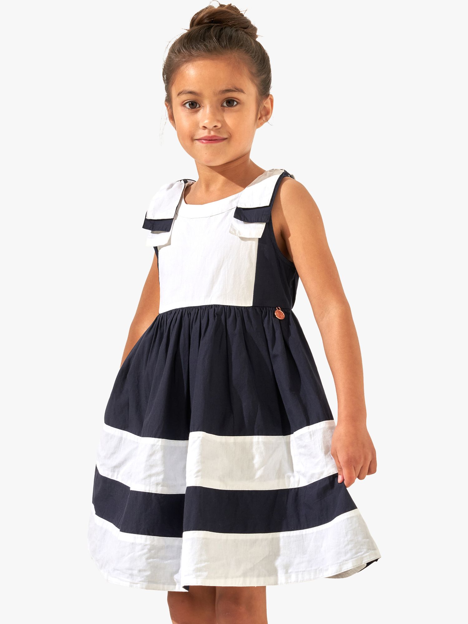 Angel & Rocket Kids' Avery Bow Shoulder Border Dress, Navy/White, 10 years
