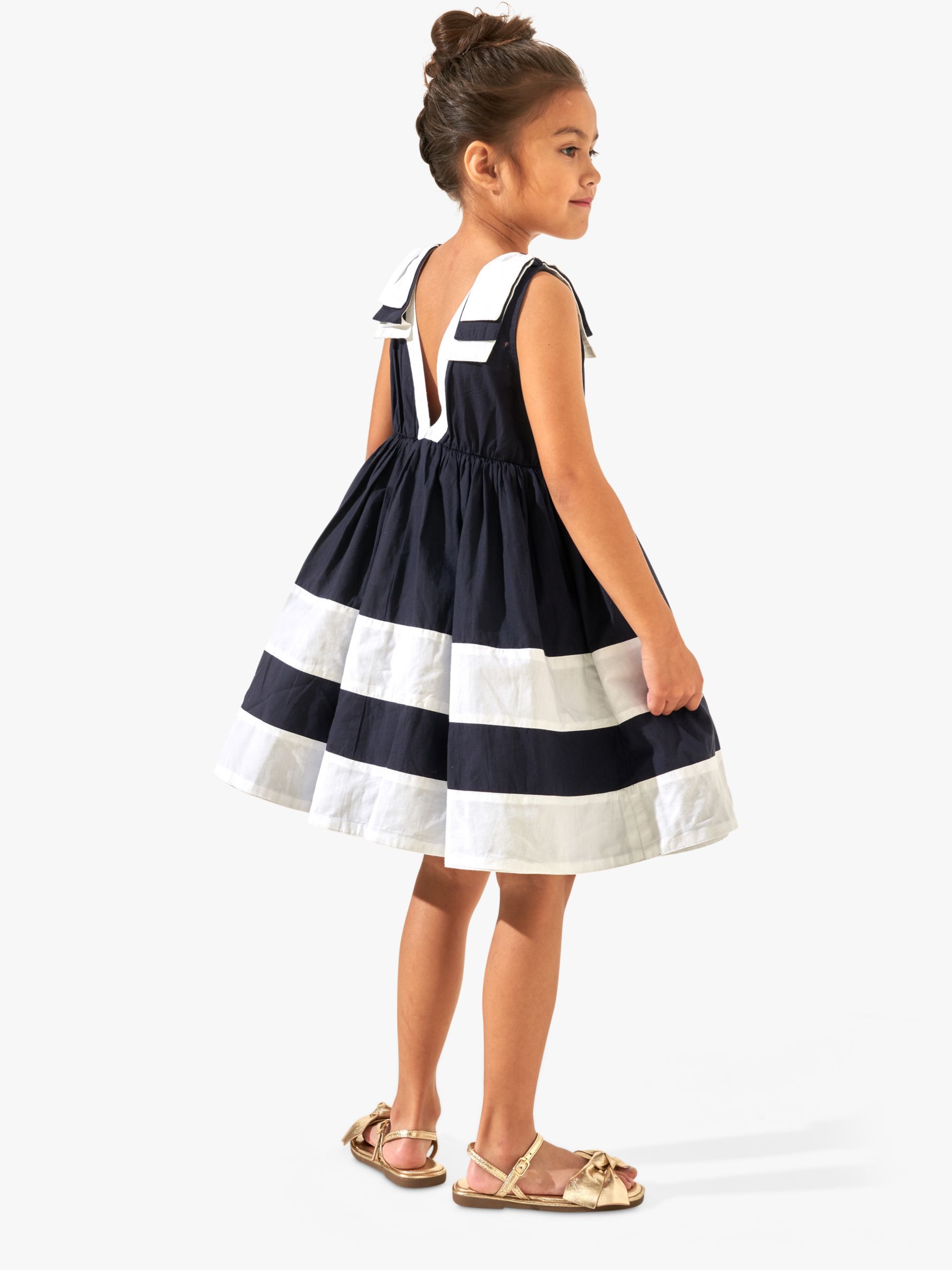 Angel & Rocket Kids' Avery Bow Shoulder Border Dress, Navy/White, 10 years