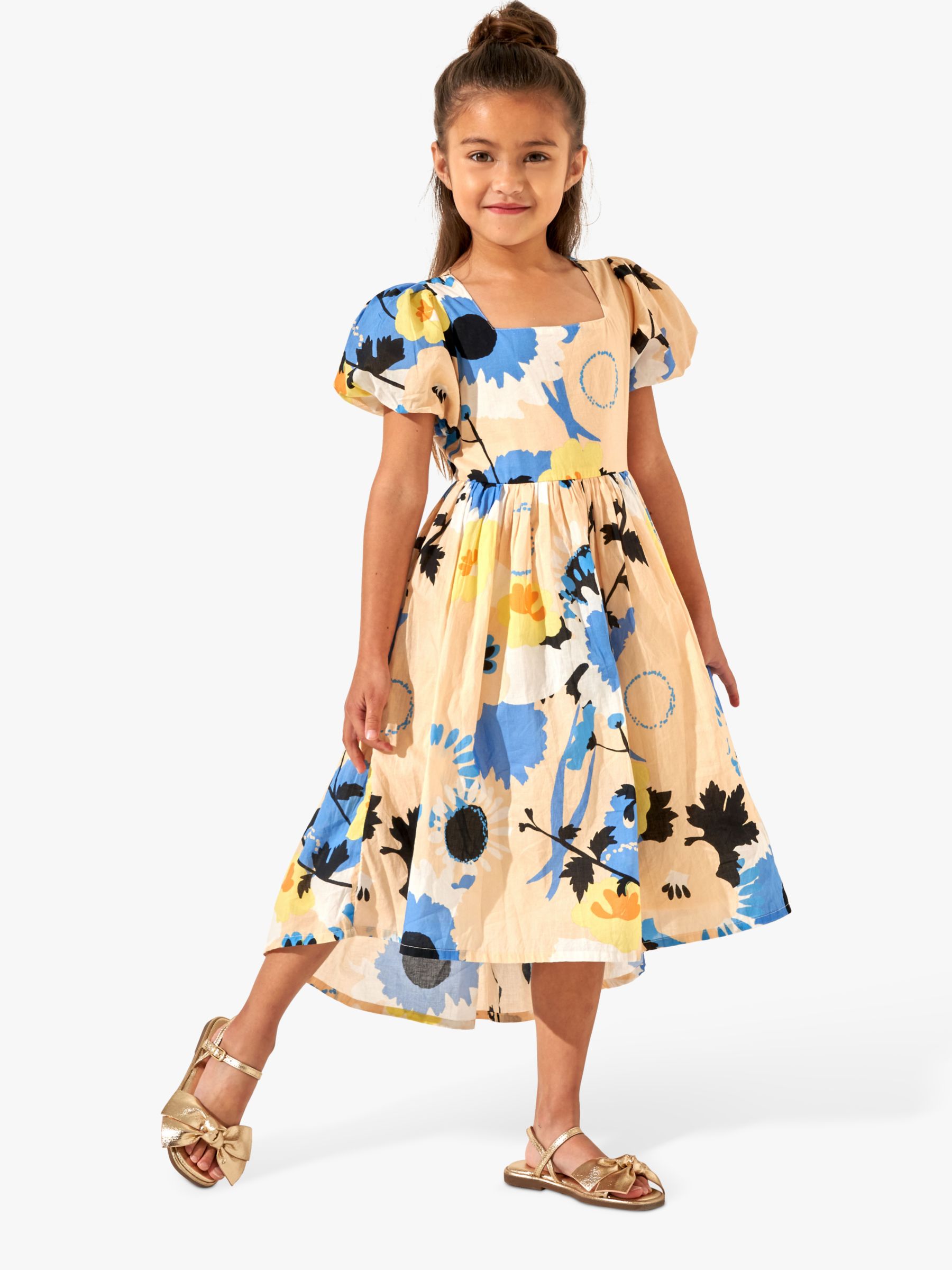 Angel & Rocket Kids' Evita Floral Print Tie Back Dip Hem Dress, Apricot ...