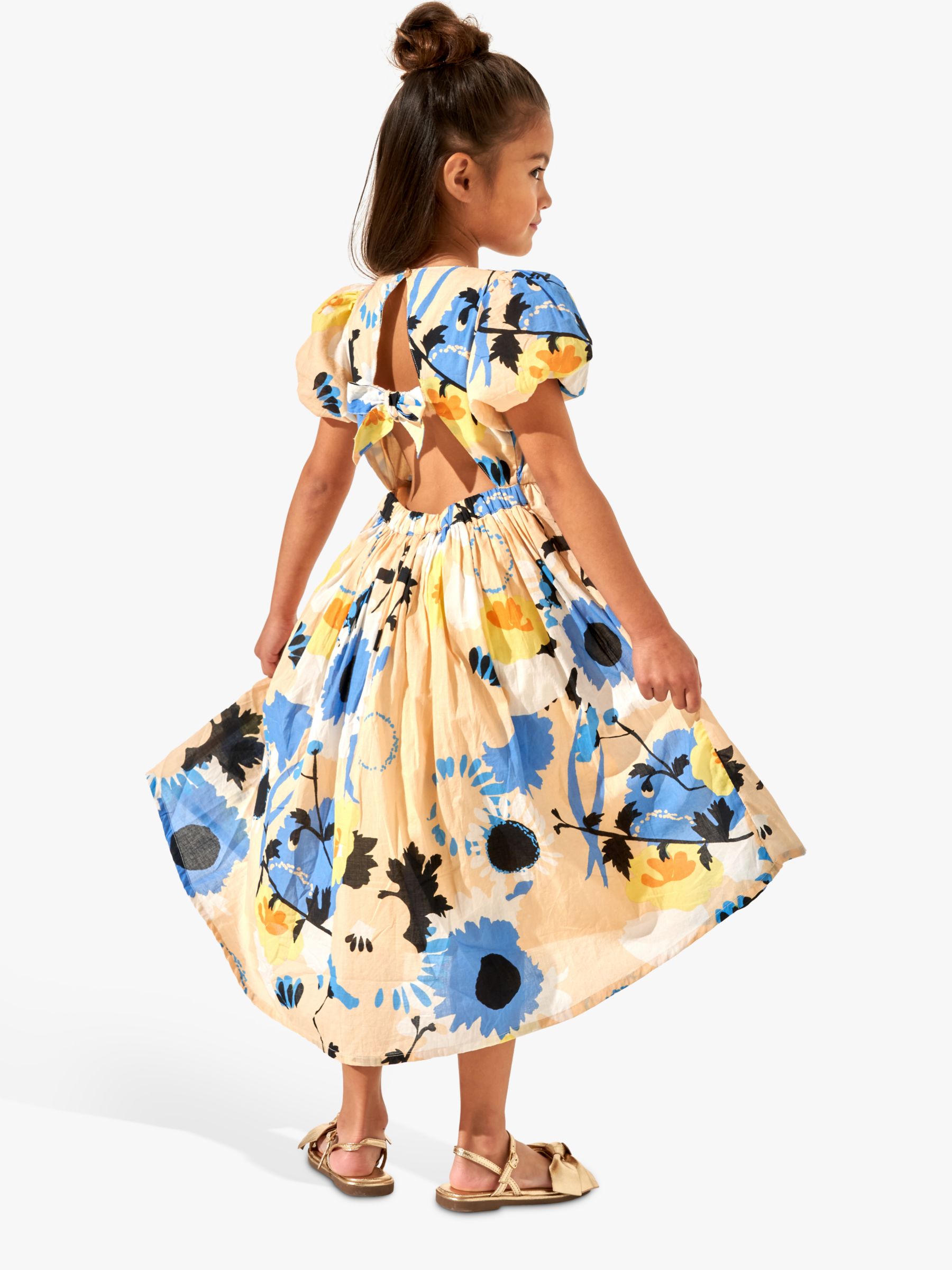 Buy Angel & Rocket Kids' Evita Floral Print Tie Back Dip Hem Dress, Apricot Online at johnlewis.com