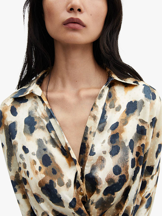 Mango Camila Abstract Print Mini Satin Shirt Dress, Light Beige/Multi