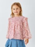 John Lewis Kids' Floral Frill Sleeve Top, Berry Rose