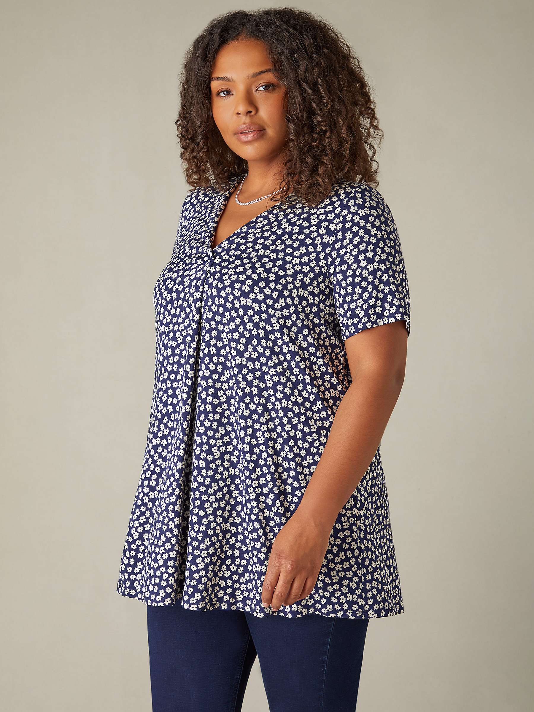 Buy Live Unlimited Curve Ditsy Print Jersey Pleat Front Top, Navy/White Online at johnlewis.com