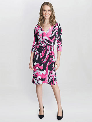 Gina Bacconi Anabelle Printed Jersey Wrap Effect Dress, Pink/Multi