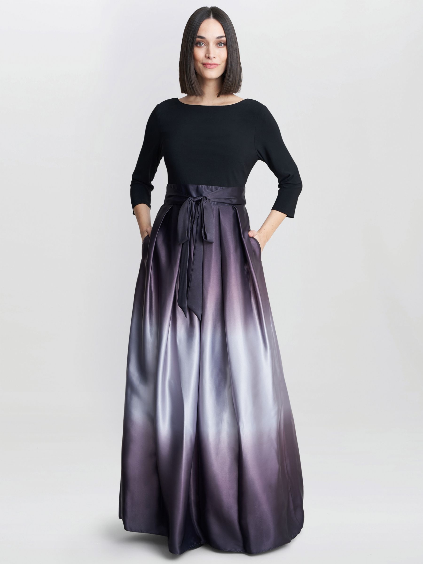 Gina Bacconi Ingrid V Neck Back Ombre Satin Maxi Dress, Black/Silver, 10