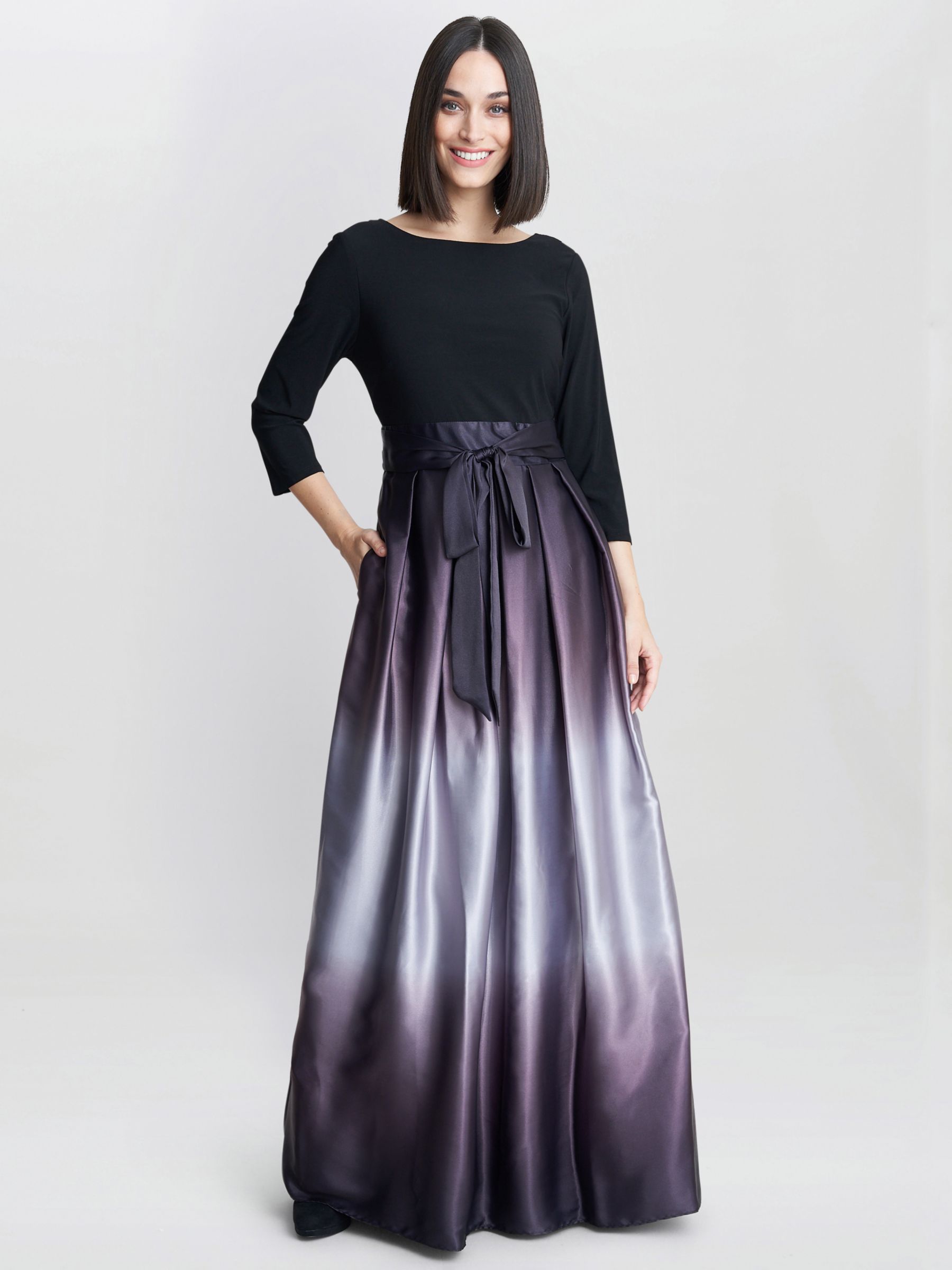Gina Bacconi Ingrid V Neck Back Ombre Satin Maxi Dress, Black/Silver, 10