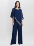 Gina Bacconi Eve Asymmetrical Foil Trim Cape Jumpsuit, Navy/Silver