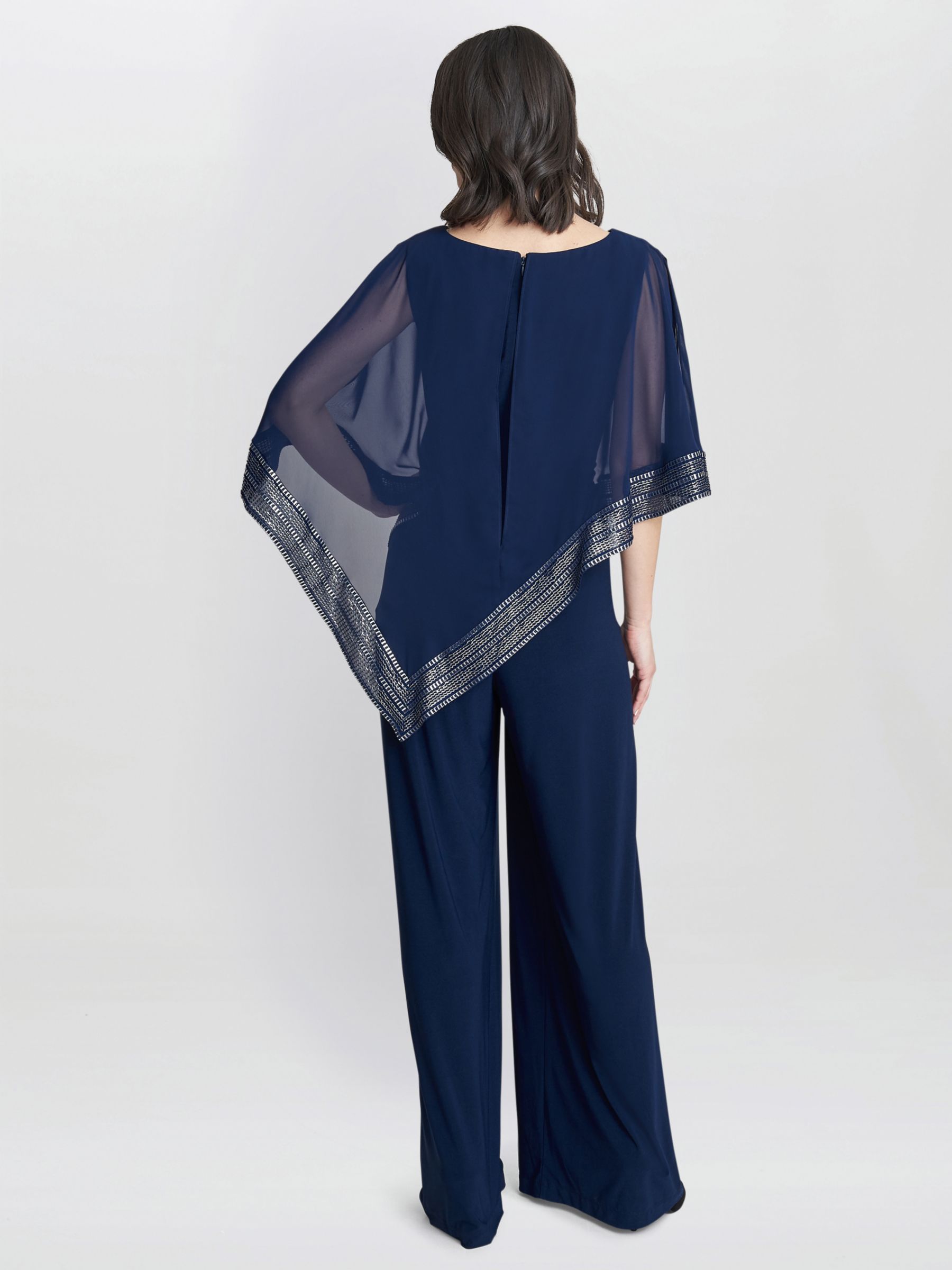 Buy Gina Bacconi Eve Asymmetrical Foil Trim Cape Jumpsuit, Navy/Silver Online at johnlewis.com