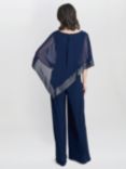 Gina Bacconi Eve Asymmetrical Foil Trim Cape Jumpsuit, Navy/Silver
