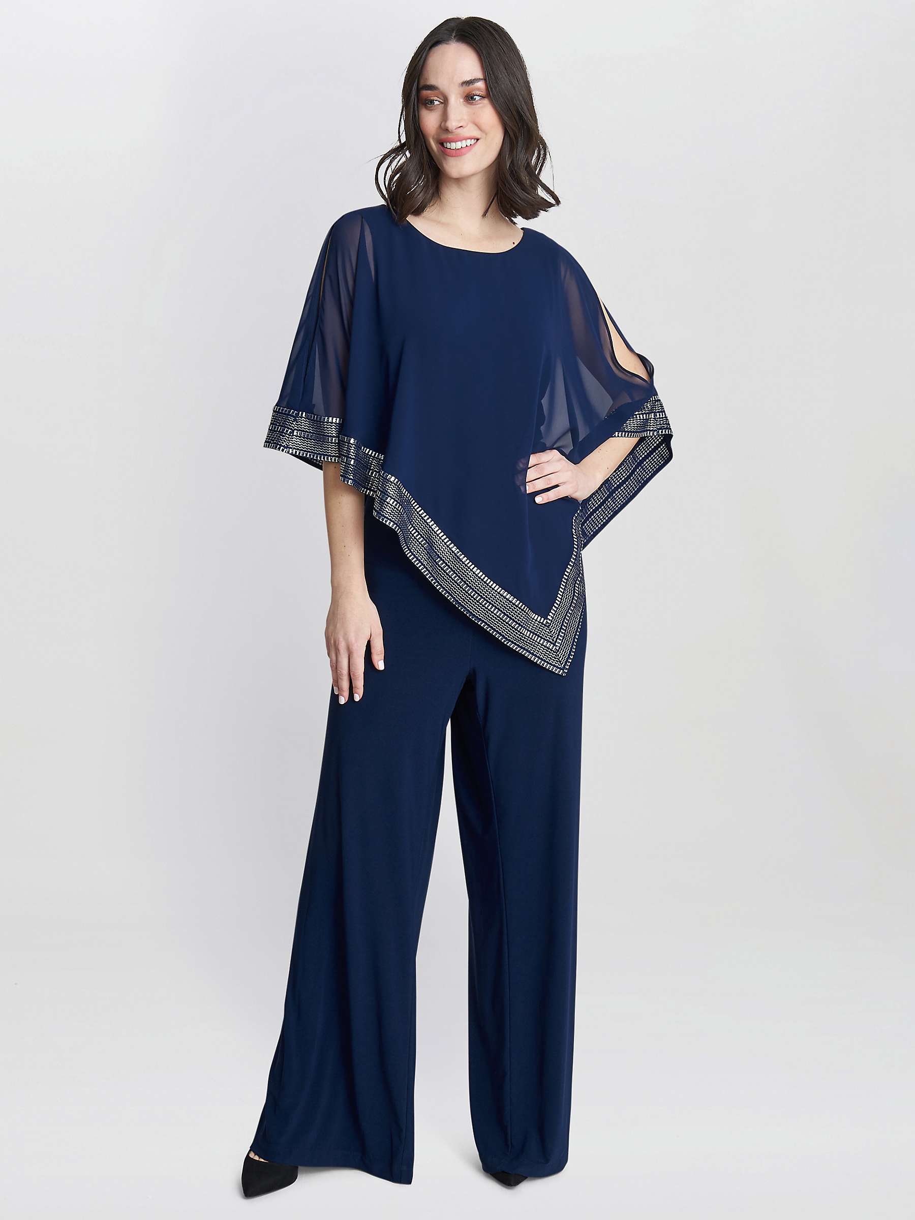 Buy Gina Bacconi Eve Asymmetrical Foil Trim Cape Jumpsuit, Navy/Silver Online at johnlewis.com