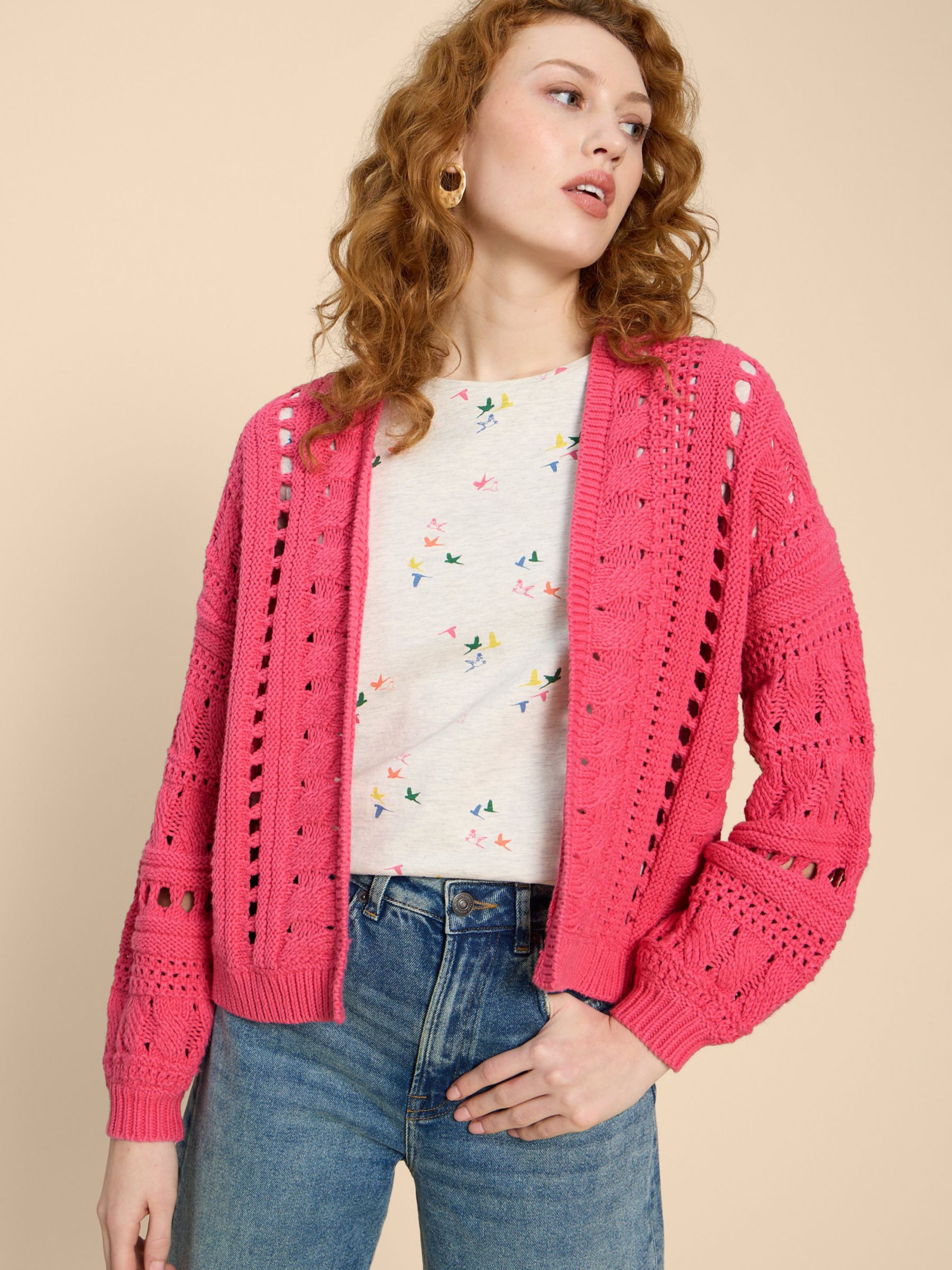 White Stuff Casey Crochet Cardigan, Bright Pink at John Lewis & Partners