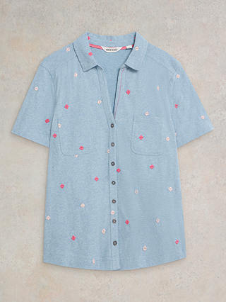 White Stuff Penny Embroidered Cotton Shirt, Blue/Multi