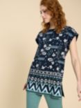 White Stuff Carrie Floral and Ikat Print Cotton Tunic Top, Navy/Multi