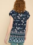White Stuff Carrie Floral and Ikat Print Cotton Tunic Top, Navy/Multi
