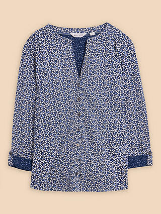 White Stuff Connie Collarless Heart Print Cotton Shirt, Blue/Multi