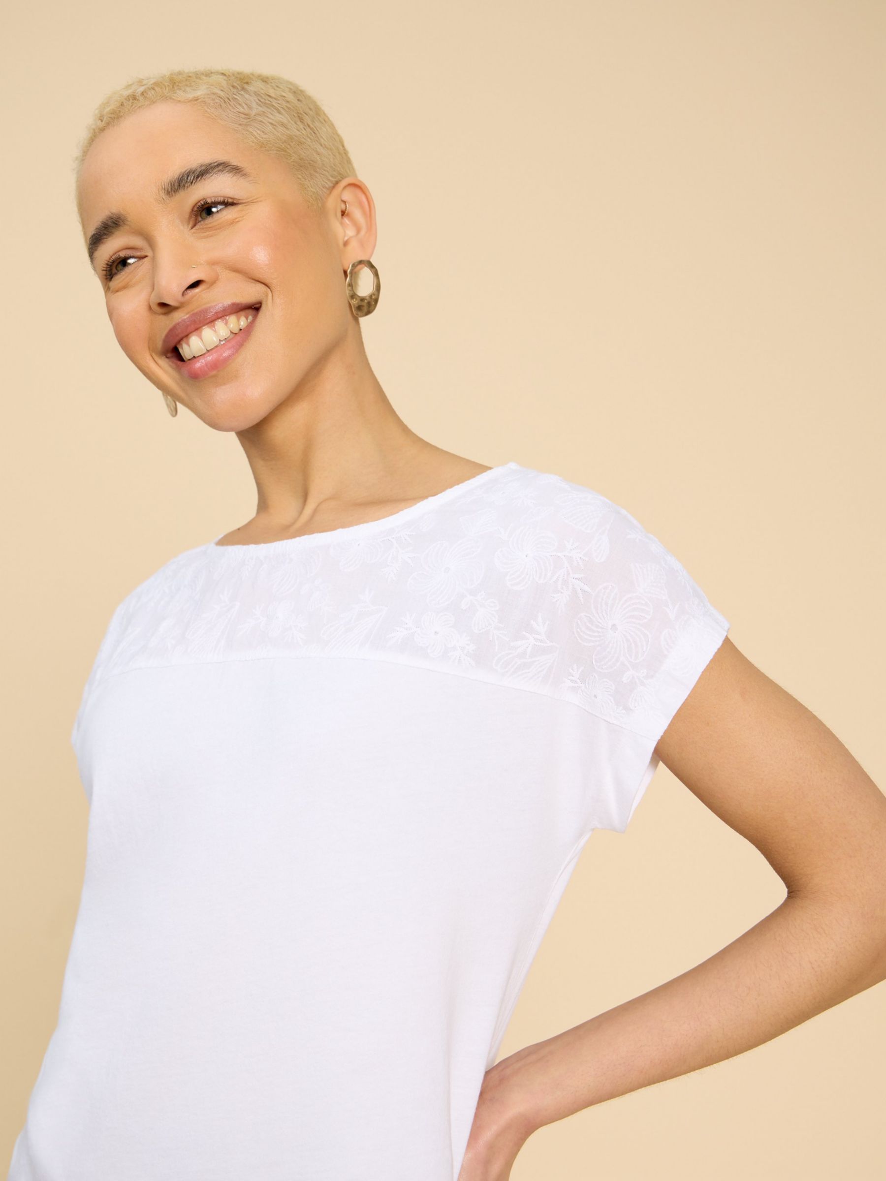 White Stuff Anthea Floral Embroidered Top, Bril White, 24