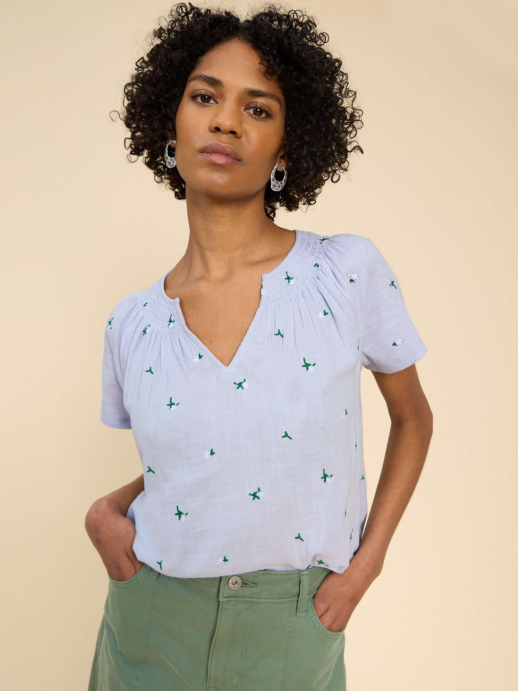 Buy White Stuff Luella Floral Embroidery Cotton T-Shirt, Mid Blue/Multi Online at johnlewis.com
