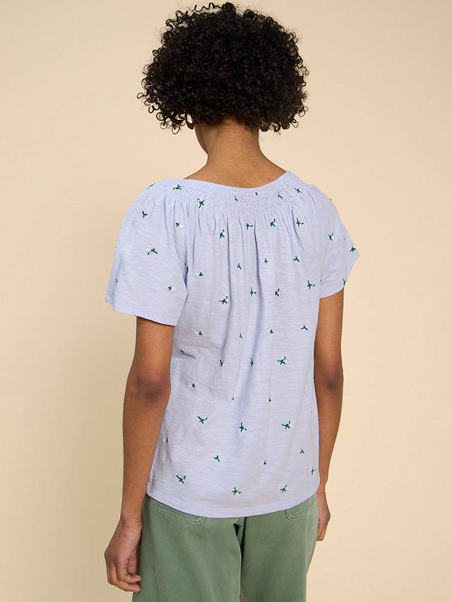 White Stuff Luella Floral Embroidery Cotton T-Shirt, Mid Blue/Multi