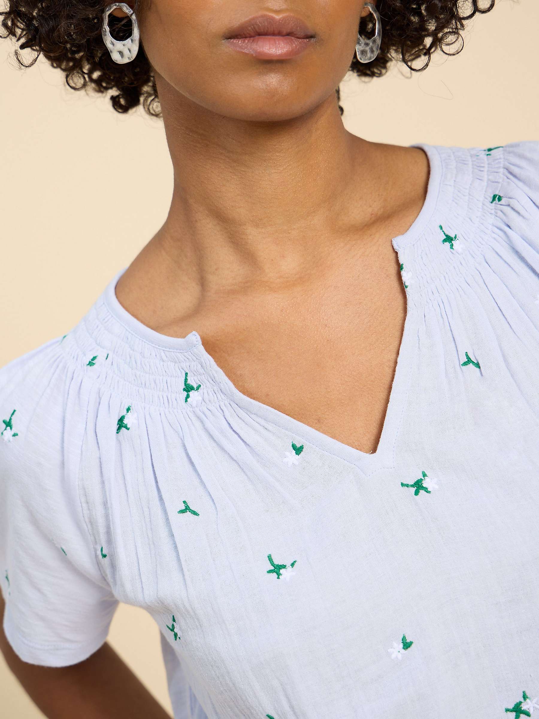 Buy White Stuff Luella Floral Embroidery Cotton T-Shirt, Mid Blue/Multi Online at johnlewis.com